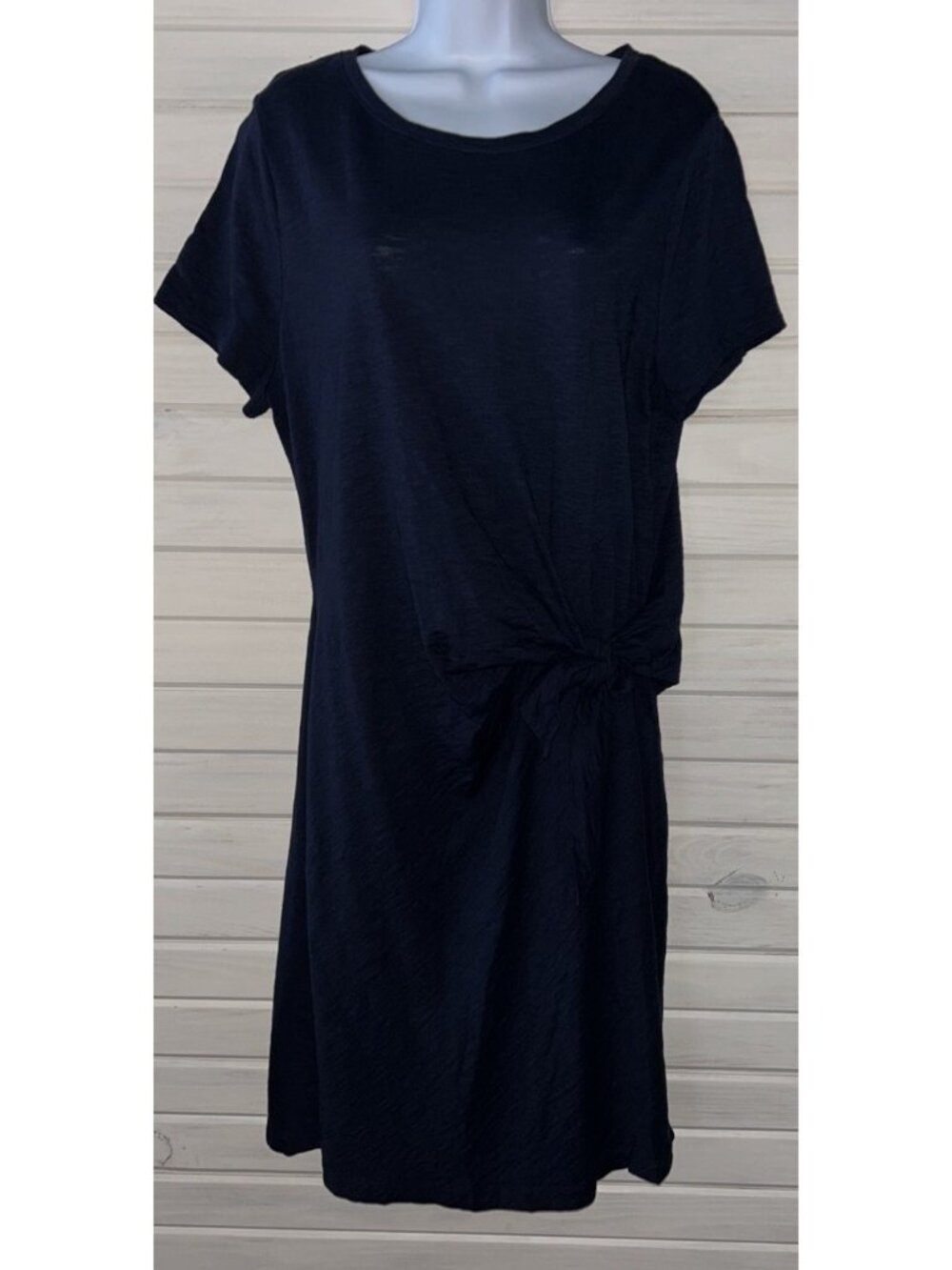 Chicos Sz 2 (LARGE) Navy Blue Sneaker Dress Side Tie S/S Slub Knit Cotton EUC